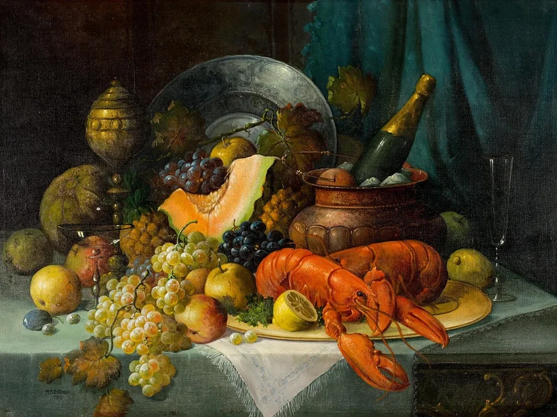 1873-Rudolf Stoitzner - Natura morta con aragosta